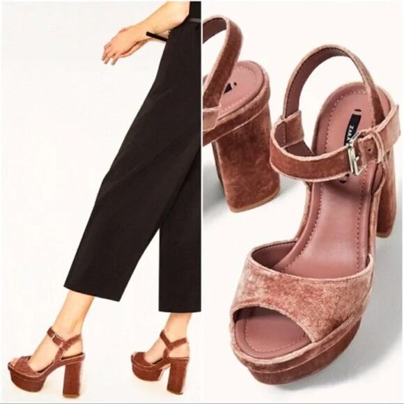 Zara Mauve Pink velvet exotic leather platform high heel sandals NWT - Picture 8 of 8